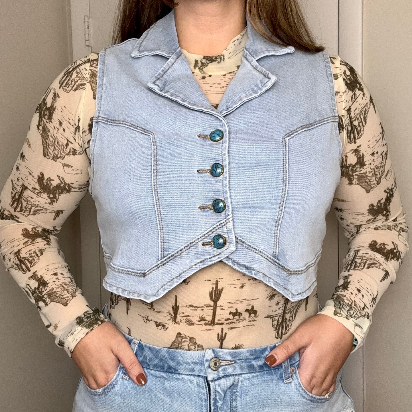 Turquoise Button Up Denim Vest