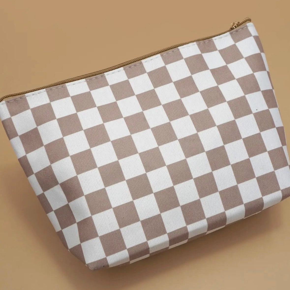 Brown Checkered Makeup Bag