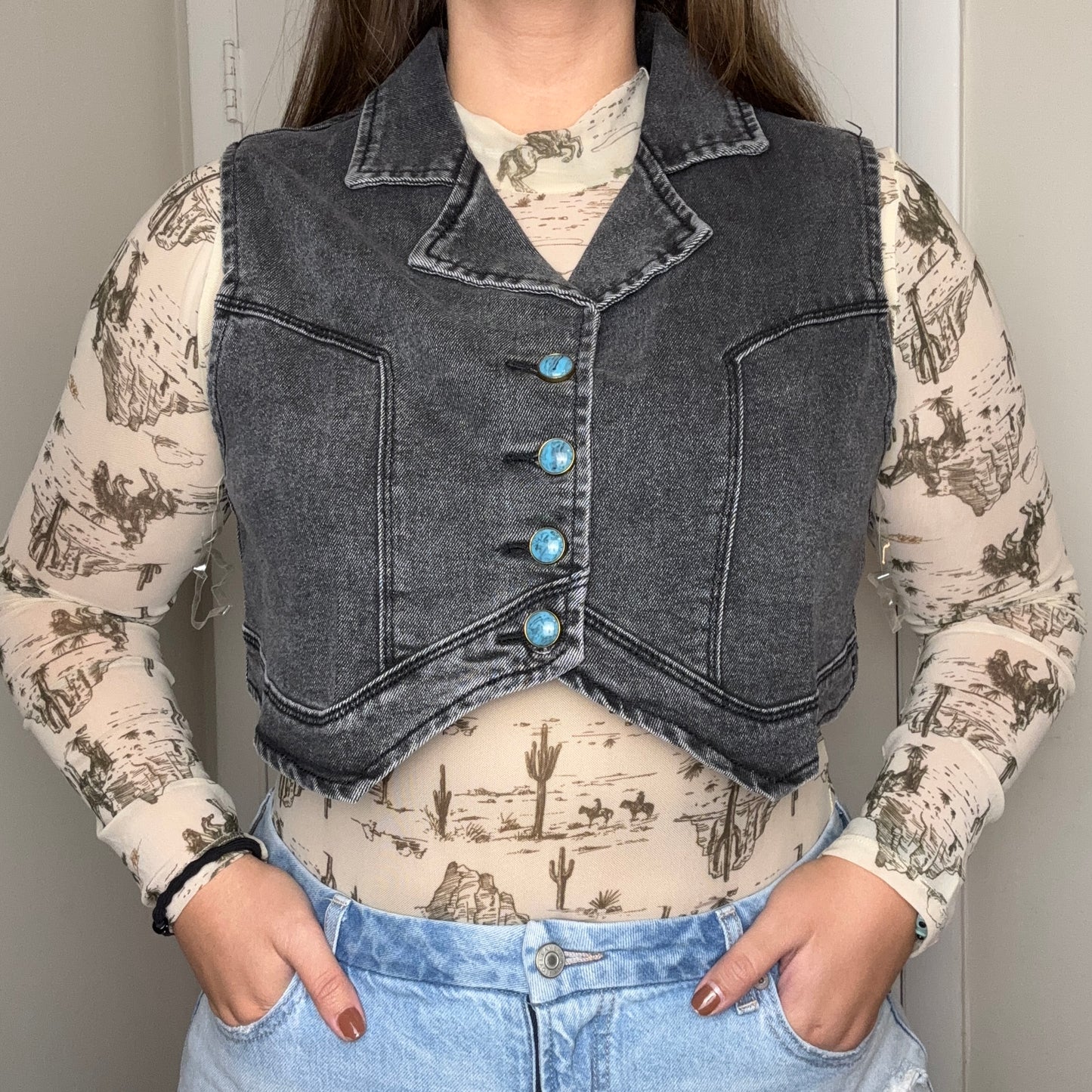 Turquoise Button Up Denim Vest